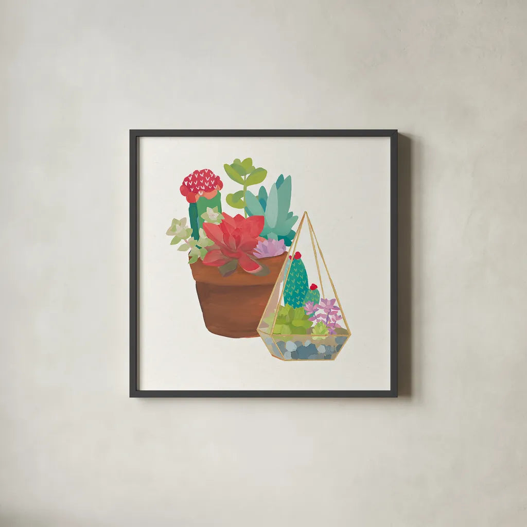 Succulent Garden IV by Wild Apple Portfolio. Shown in a sleek black glass frame for a contemporary gallery look. Available as an archival giclee rolled canvas, fine art paper, or poster print. SKU 21558a.