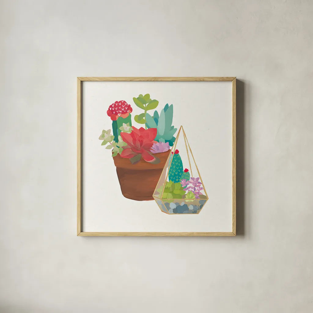 Succulent Garden IV by Wild Apple Portfolio. Shown in a natural wood glass frame for a timeless modern aesthetic. Available as an archival giclee rolled canvas, fine art paper, or poster print. SKU 21558a.