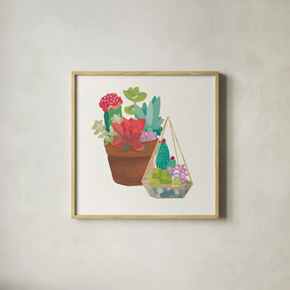 Succulent Garden IV by Wild Apple Portfolio. Shown in a natural wood glass frame for a timeless modern aesthetic. Available as an archival giclee rolled canvas, fine art paper, or poster print. SKU 21558a.