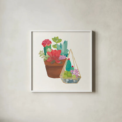 Succulent Garden IV by Wild Apple Portfolio. Shown in a crisp white glass frame for a clean and minimalist style. Available as an archival giclee rolled canvas, fine art paper, or poster print. SKU 21558a.