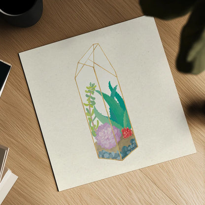 Succulent Terrarium I by Wild Apple Portfolio. Shown as a detailed flat fine art print, highlighting archival giclee quality. Available as an archival giclee rolled canvas, fine art paper, or poster print. SKU 18832a.