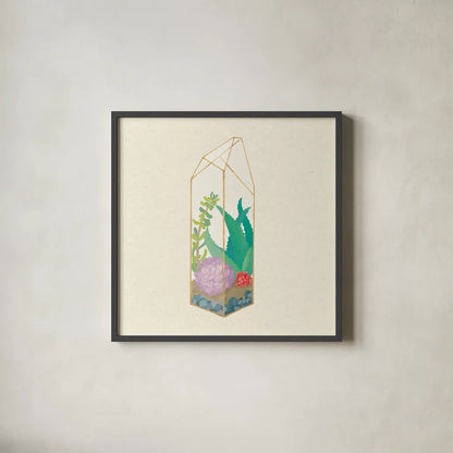 Succulent Terrarium I by Wild Apple Portfolio. Shown in a sleek black glass frame for a contemporary gallery look. Available as an archival giclee rolled canvas, fine art paper, or poster print. SKU 18832a.