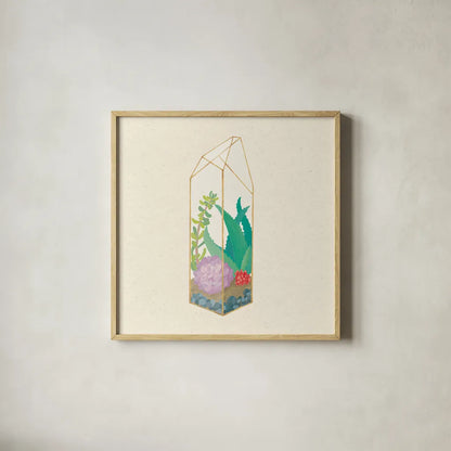 Succulent Terrarium I by Wild Apple Portfolio. Shown in a natural wood glass frame for a timeless modern aesthetic. Available as an archival giclee rolled canvas, fine art paper, or poster print. SKU 18832a.