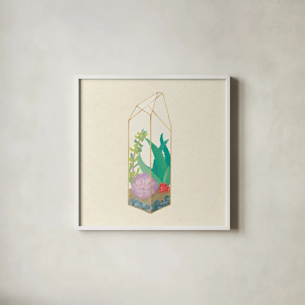 Succulent Terrarium I by Wild Apple Portfolio. Shown in a crisp white glass frame for a clean and minimalist style. Available as an archival giclee rolled canvas, fine art paper, or poster print. SKU 18832a.