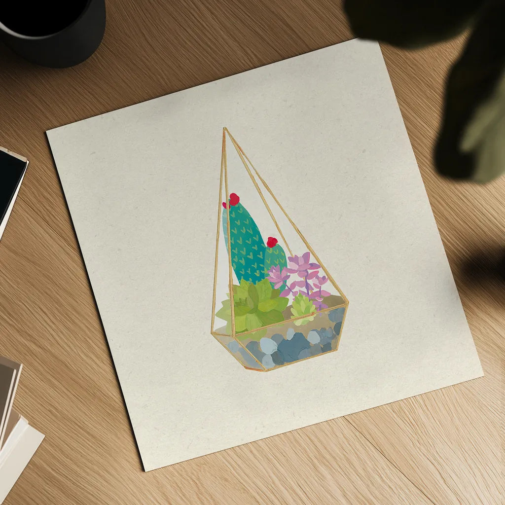 Succulent Terrarium II by Wild Apple Portfolio. Shown as a detailed flat fine art print, highlighting archival giclee quality. Available as an archival giclee rolled canvas, fine art paper, or poster print. SKU 18833a.