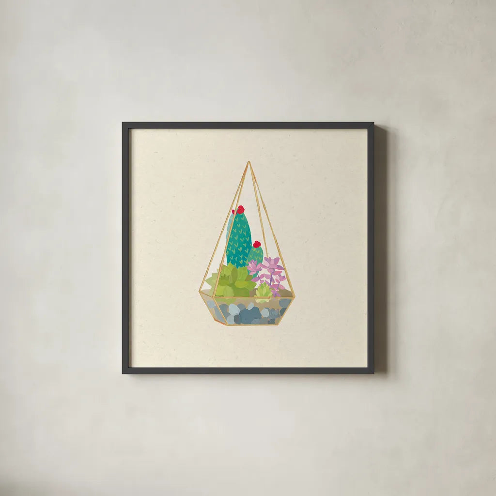 Succulent Terrarium II by Wild Apple Portfolio. Shown in a sleek black glass frame for a contemporary gallery look. Available as an archival giclee rolled canvas, fine art paper, or poster print. SKU 18833a.