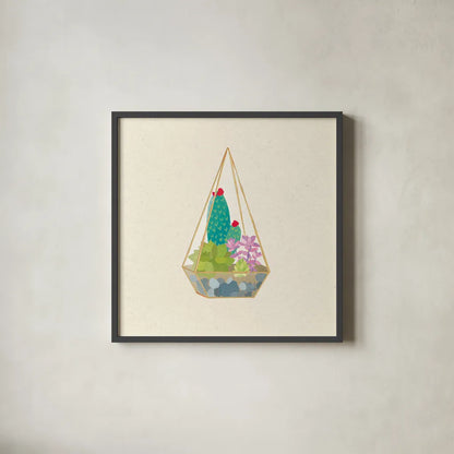 Succulent Terrarium II by Wild Apple Portfolio. Shown in a sleek black glass frame for a contemporary gallery look. Available as an archival giclee rolled canvas, fine art paper, or poster print. SKU 18833a.