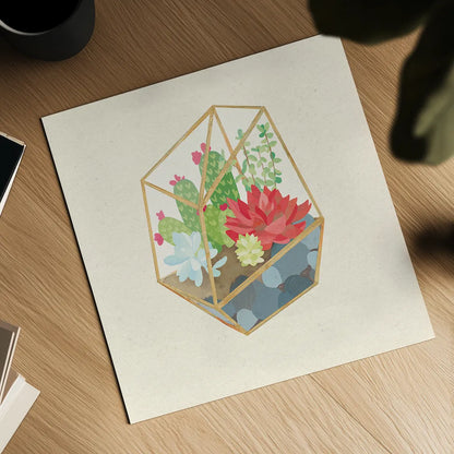 Succulent Terrarium IV by Wild Apple Portfolio. Shown as a detailed flat fine art print, highlighting archival giclee quality. Available as an archival giclee rolled canvas, fine art paper, or poster print. SKU 18835a.