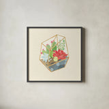 Succulent Terrarium IV by Wild Apple Portfolio. Shown in a sleek black glass frame for a contemporary gallery look. Available as an archival giclee rolled canvas, fine art paper, or poster print. SKU 18835a.