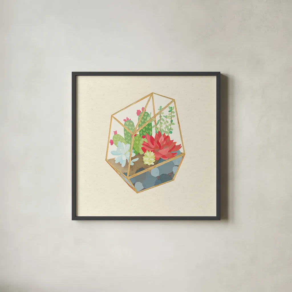 Succulent Terrarium IV by Wild Apple Portfolio. Shown in a sleek black glass frame for a contemporary gallery look. Available as an archival giclee rolled canvas, fine art paper, or poster print. SKU 18835a.