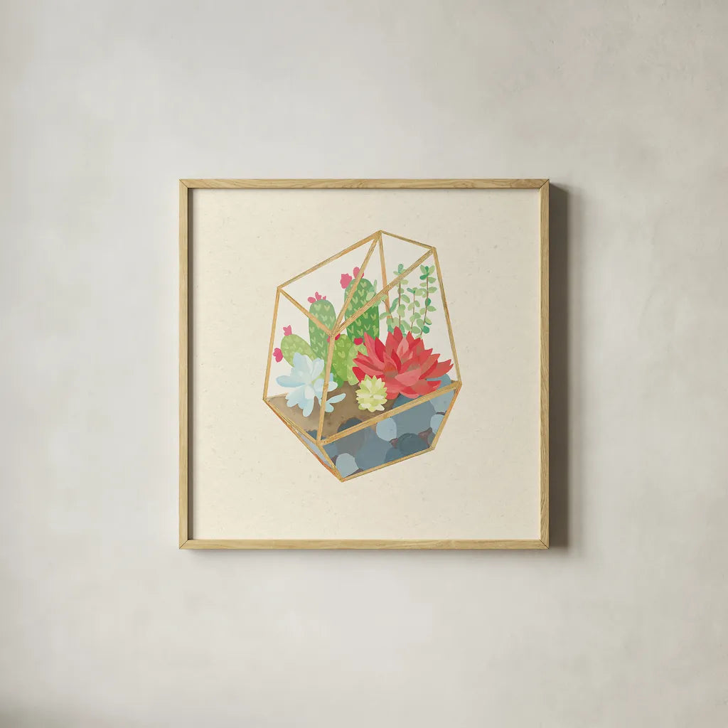 Succulent Terrarium IV by Wild Apple Portfolio. Shown in a natural wood glass frame for a timeless modern aesthetic. Available as an archival giclee rolled canvas, fine art paper, or poster print. SKU 18835a.