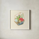 Succulent Terrarium IV by Wild Apple Portfolio. Shown in a crisp white glass frame for a clean and minimalist style. Available as an archival giclee rolled canvas, fine art paper, or poster print. SKU 18835a.