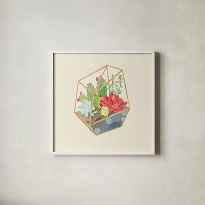 Succulent Terrarium IV by Wild Apple Portfolio. Shown in a crisp white glass frame for a clean and minimalist style. Available as an archival giclee rolled canvas, fine art paper, or poster print. SKU 18835a.