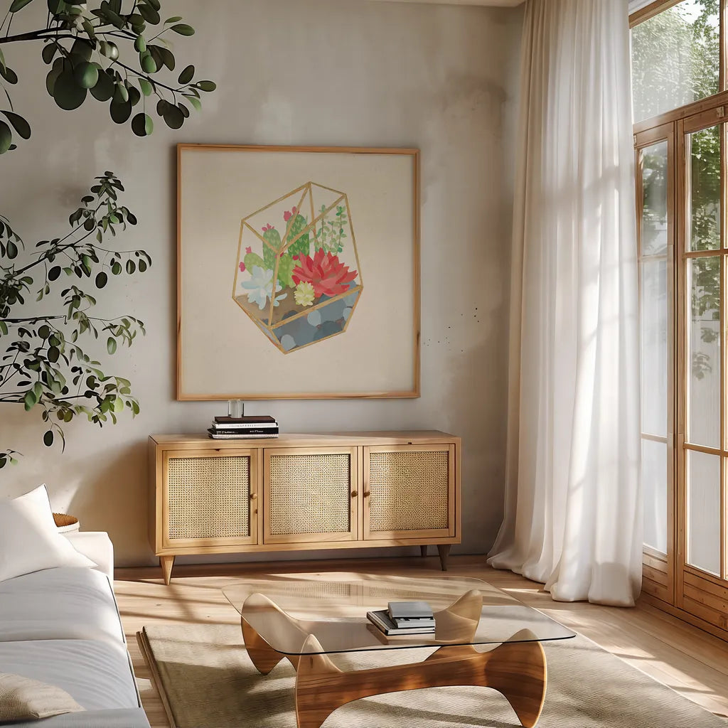 Succulent Terrarium IV by Wild Apple Portfolio. Shown in a natural wood frame in a cozy modern living room. Available as an archival giclee rolled canvas, fine art paper, or poster print. SKU 18835a.