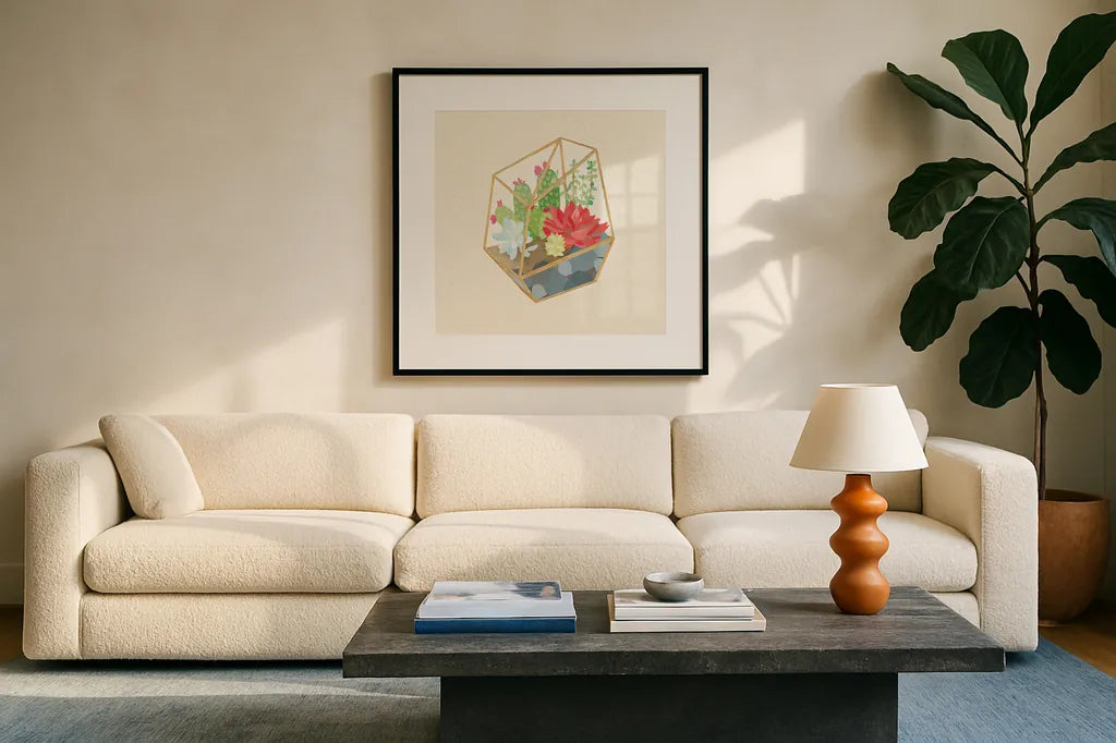 Succulent Terrarium IV by Wild Apple Portfolio. Displayed in a glass frame with matte in a clean modern living room. Available as an archival giclee rolled canvas, fine art paper, or poster print. SKU 18835a.