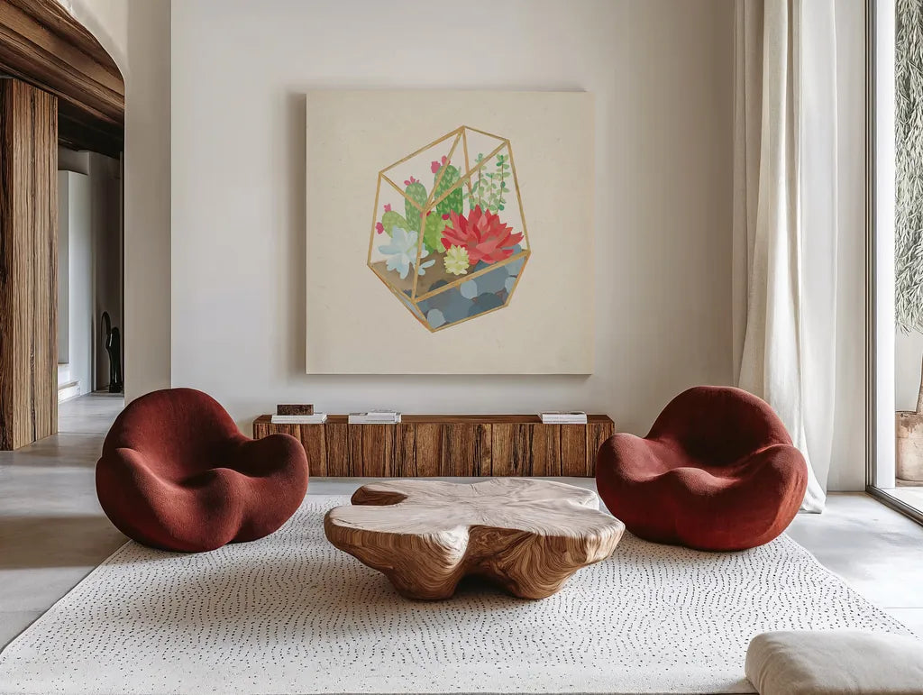 Succulent Terrarium IV by Wild Apple Portfolio. Shown as extra-large giant wall art in a modern living room. Available as an archival giclee rolled canvas, fine art paper, or poster print. SKU 18835a.