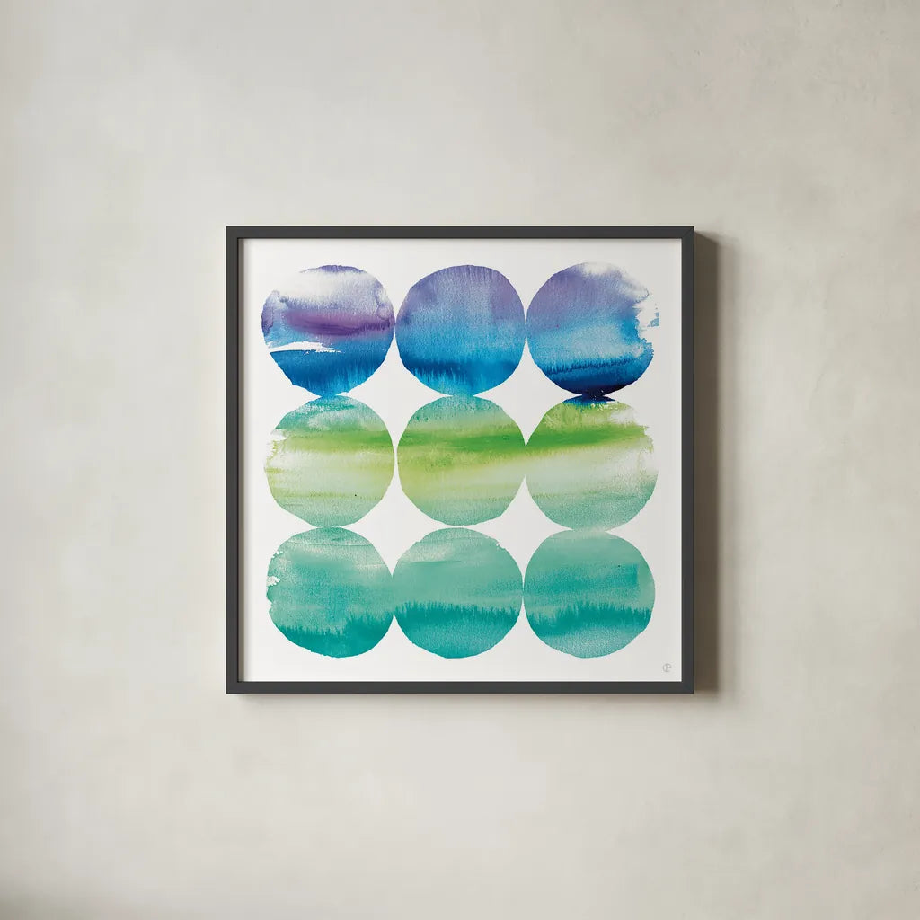 Summer Dots II by Wild Apple Portfolio. Shown in a sleek black glass frame for a contemporary gallery look. Available as an archival giclee rolled canvas, fine art paper, or poster print. SKU 18650a.