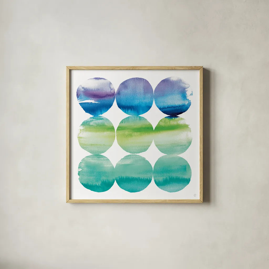 Summer Dots II by Wild Apple Portfolio. Shown in a natural wood glass frame for a timeless modern aesthetic. Available as an archival giclee rolled canvas, fine art paper, or poster print. SKU 18650a.