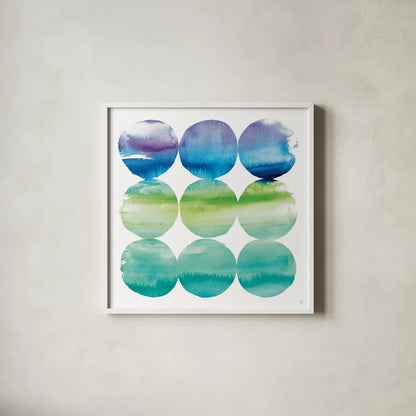 Summer Dots II by Wild Apple Portfolio. Shown in a crisp white glass frame for a clean and minimalist style. Available as an archival giclee rolled canvas, fine art paper, or poster print. SKU 18650a.