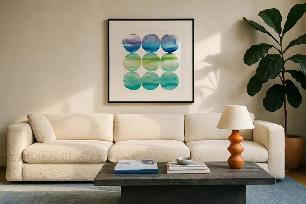 Summer Dots II by Wild Apple Portfolio. Displayed in a glass frame with matte in a clean modern living room. Available as an archival giclee rolled canvas, fine art paper, or poster print. SKU 18650a.