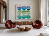 Summer Dots II by Wild Apple Portfolio. Shown as extra-large giant wall art in a modern living room. Available as an archival giclee rolled canvas, fine art paper, or poster print. SKU 18650a.