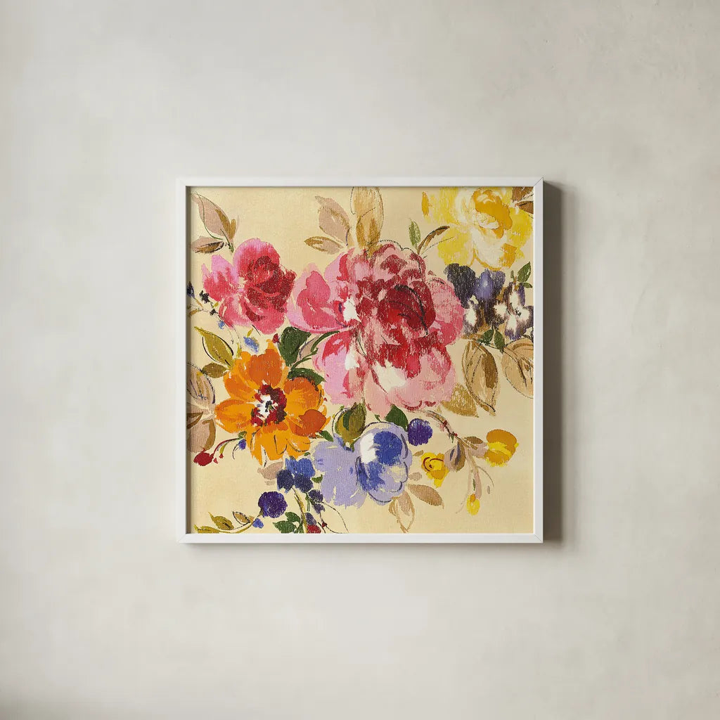 Summer Garden II by Wild Apple Portfolio. Shown in a crisp white glass frame for a clean and minimalist style. Available as an archival giclee rolled canvas, fine art paper, or poster print. SKU 28711a.