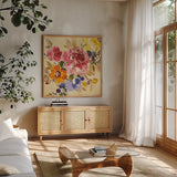Summer Garden II by Wild Apple Portfolio. Shown in a natural wood frame in a cozy modern living room. Available as an archival giclee rolled canvas, fine art paper, or poster print. SKU 28711a.