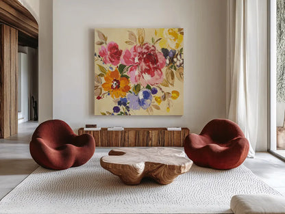 Summer Garden II by Wild Apple Portfolio. Shown as extra-large giant wall art in a modern living room. Available as an archival giclee rolled canvas, fine art paper, or poster print. SKU 28711a.