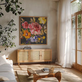 Summer Garden II Black by Wild Apple Portfolio. Shown in a natural wood frame in a cozy modern living room. Available as an archival giclee rolled canvas, fine art paper, or poster print. SKU 30227a.