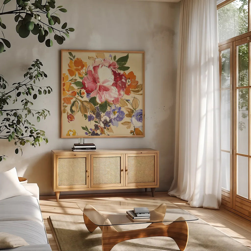 Summer Garden III by Wild Apple Portfolio. Shown in a natural wood frame in a cozy modern living room. Available as an archival giclee rolled canvas, fine art paper, or poster print. SKU 28712a.