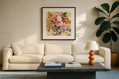 Summer Garden III by Wild Apple Portfolio. Displayed in a glass frame with matte in a clean modern living room. Available as an archival giclee rolled canvas, fine art paper, or poster print. SKU 28712a.