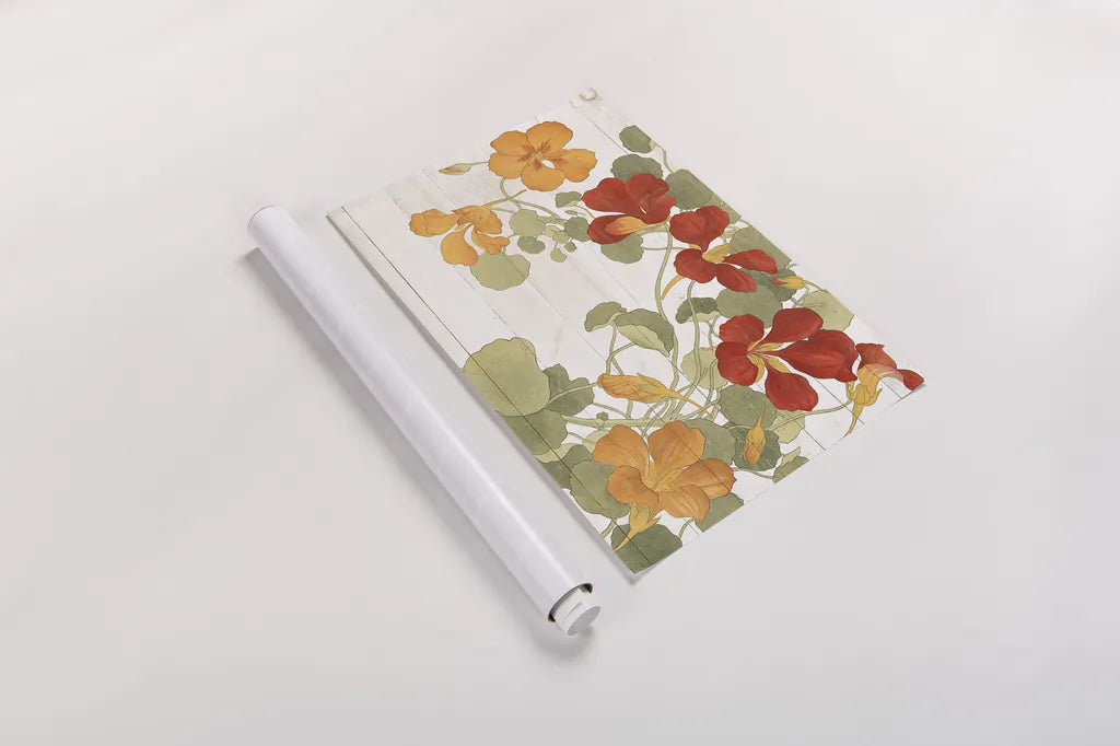 Summer Nasturtiums Cottage by Wild Apple Portfolio. shown as a rolled paper print. Available as archival giclee rolled canvas, fine art paper, or poster print. SKU 32061i.