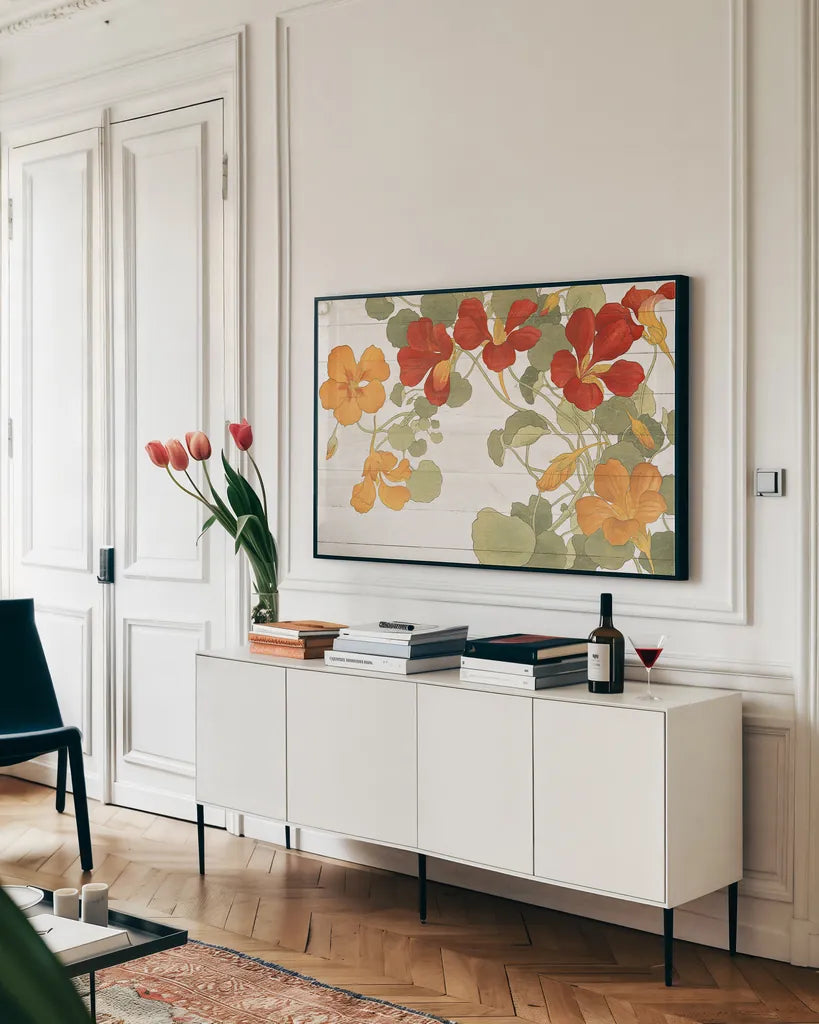 Summer Nasturtiums Cottage by Wild Apple Portfolio. shown as a framed stretched canvas in a living room above a console. Available as a archival giclee rolled canvas, fine art paper, or poster print. SKU 32061i.