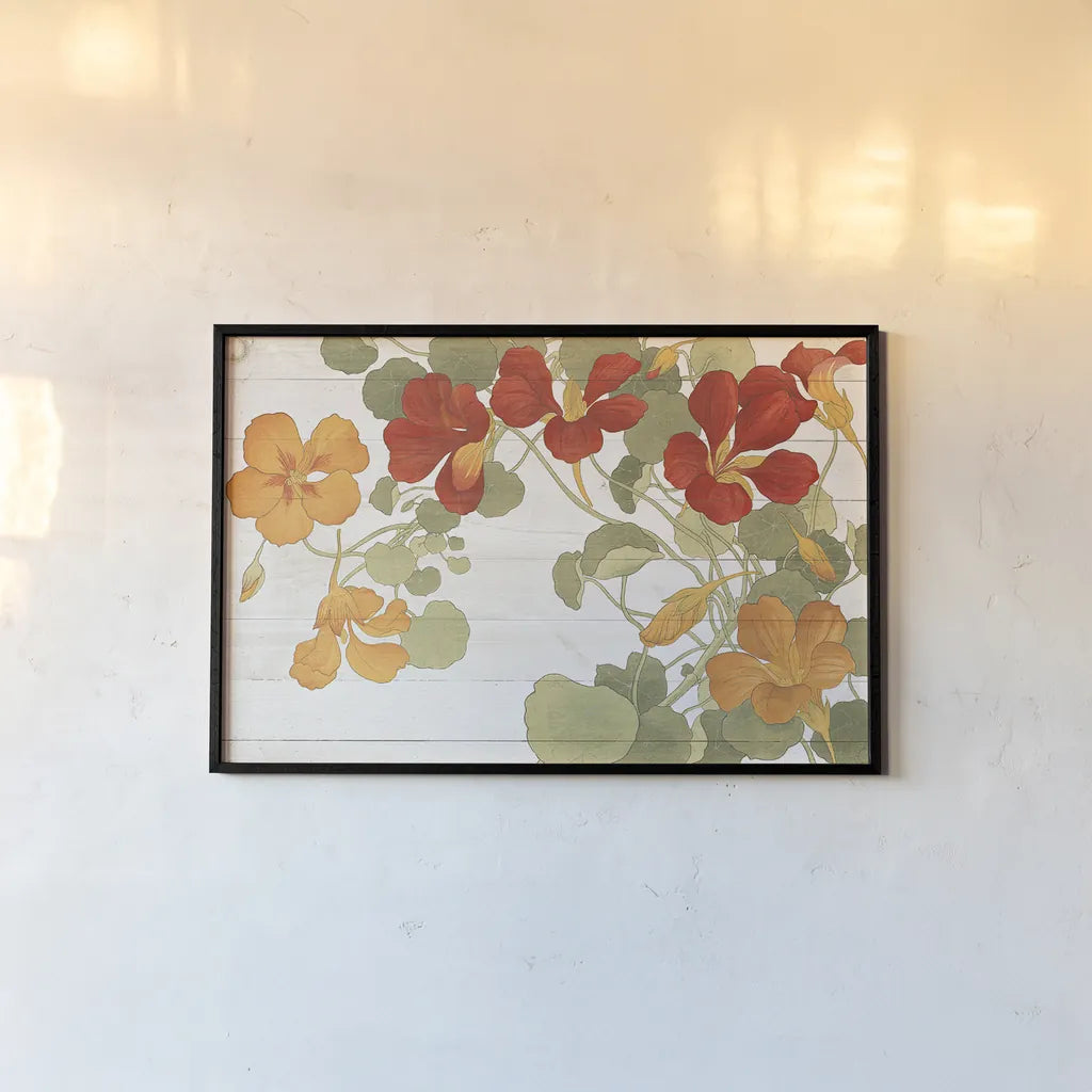 Summer Nasturtiums Cottage by Wild Apple Portfolio. shown as a paper print in a black flame. Available as a archival giclee rolled canvas, fine art paper, or poster print. SKU 32061i.