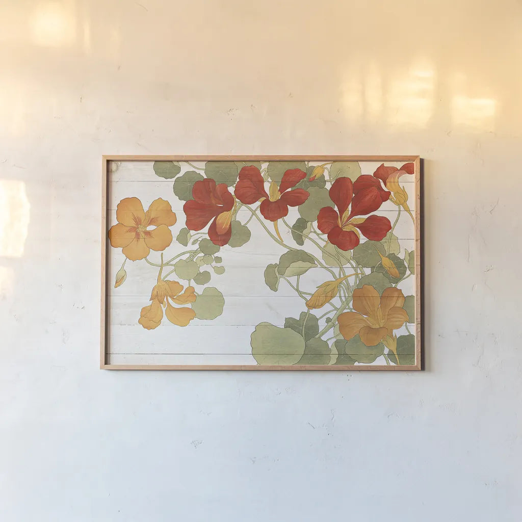 Summer Nasturtiums Cottage by Wild Apple Portfolio. shown as a paper print in a natural frame. Available as a archival giclee rolled canvas, fine art paper, or poster print. SKU 32061i.