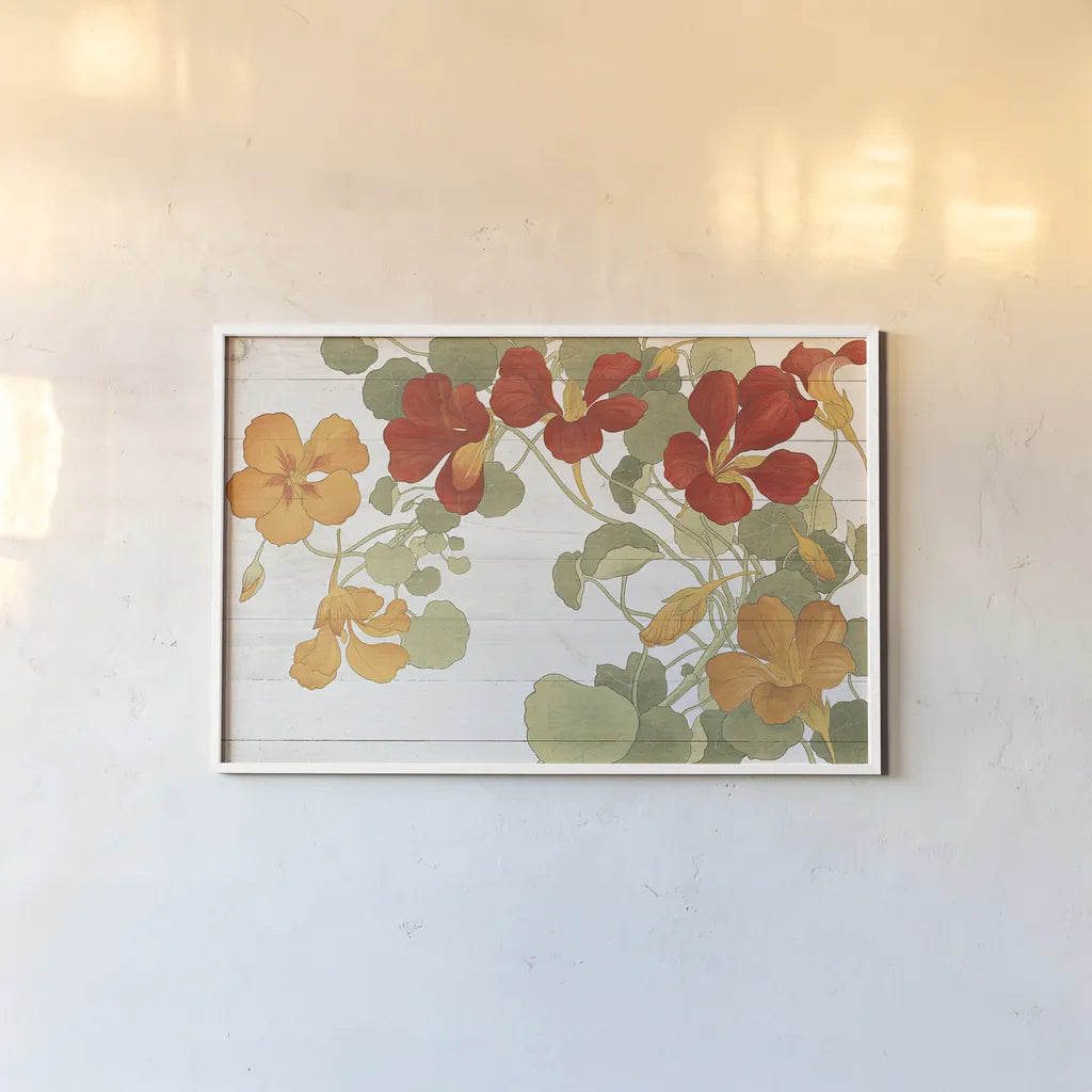 Summer Nasturtiums Cottage by Wild Apple Portfolio. shown as a paper print in a white frame. Available as a archival giclee rolled canvas, fine art paper, or poster print. SKU 32061i.