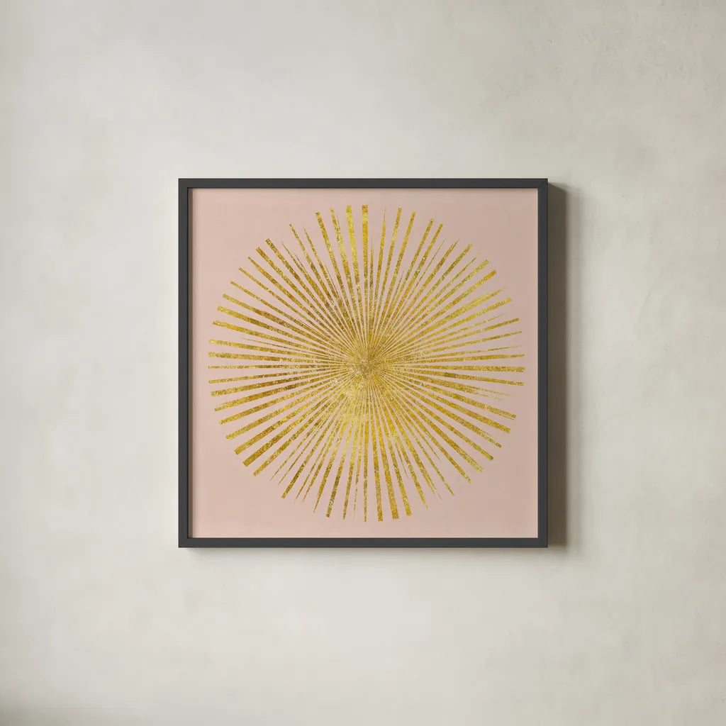Sunburst I on Pink by Wild Apple Portfolio. Shown in a sleek black glass frame for a contemporary gallery look. Available as an archival giclee rolled canvas, fine art paper, or poster print. SKU 69013a.