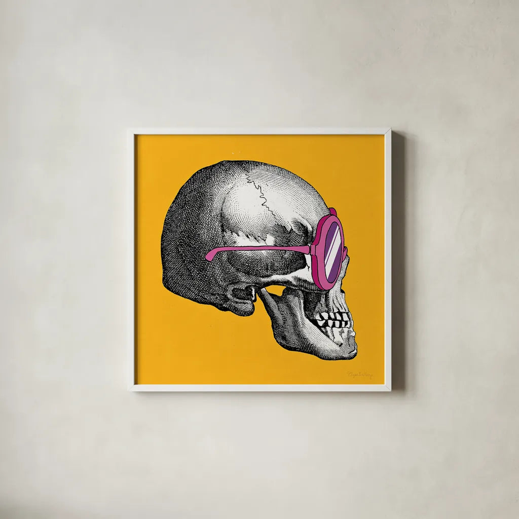 Sunny Skull I by Wild Apple Portfolio. Shown in a crisp white glass frame for a clean and minimalist style. Available as an archival giclee rolled canvas, fine art paper, or poster print. SKU 21659a.