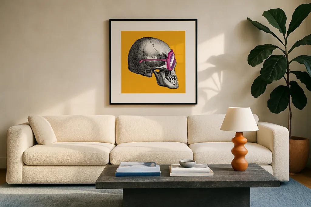 Sunny Skull I by Wild Apple Portfolio. Displayed in a glass frame with matte in a clean modern living room. Available as an archival giclee rolled canvas, fine art paper, or poster print. SKU 21659a.
