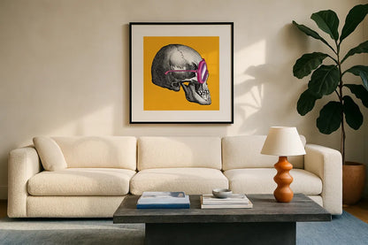 Sunny Skull I by Wild Apple Portfolio. Displayed in a glass frame with matte in a clean modern living room. Available as an archival giclee rolled canvas, fine art paper, or poster print. SKU 21659a.