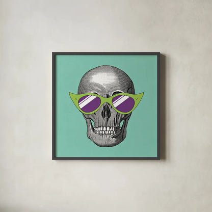 Sunny Skull II by Wild Apple Portfolio. Shown in a sleek black glass frame for a contemporary gallery look. Available as an archival giclee rolled canvas, fine art paper, or poster print. SKU 21660a.