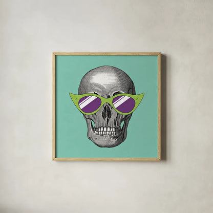 Sunny Skull II by Wild Apple Portfolio. Shown in a natural wood glass frame for a timeless modern aesthetic. Available as an archival giclee rolled canvas, fine art paper, or poster print. SKU 21660a.