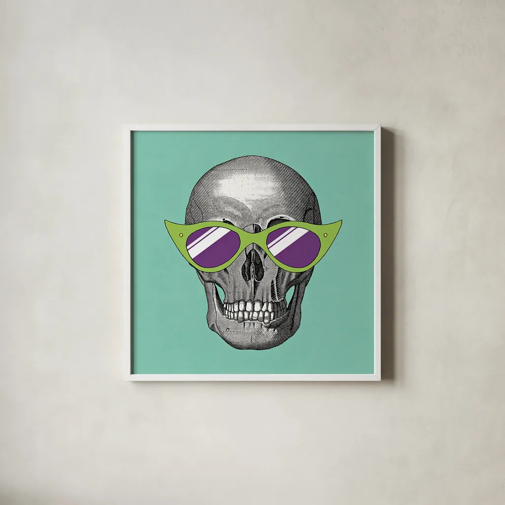 Sunny Skull II by Wild Apple Portfolio. Shown in a crisp white glass frame for a clean and minimalist style. Available as an archival giclee rolled canvas, fine art paper, or poster print. SKU 21660a.