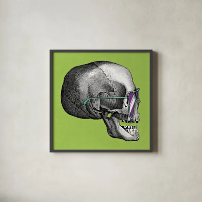 Sunny Skull III by Wild Apple Portfolio. Shown in a sleek black glass frame for a contemporary gallery look. Available as an archival giclee rolled canvas, fine art paper, or poster print. SKU 21661a.