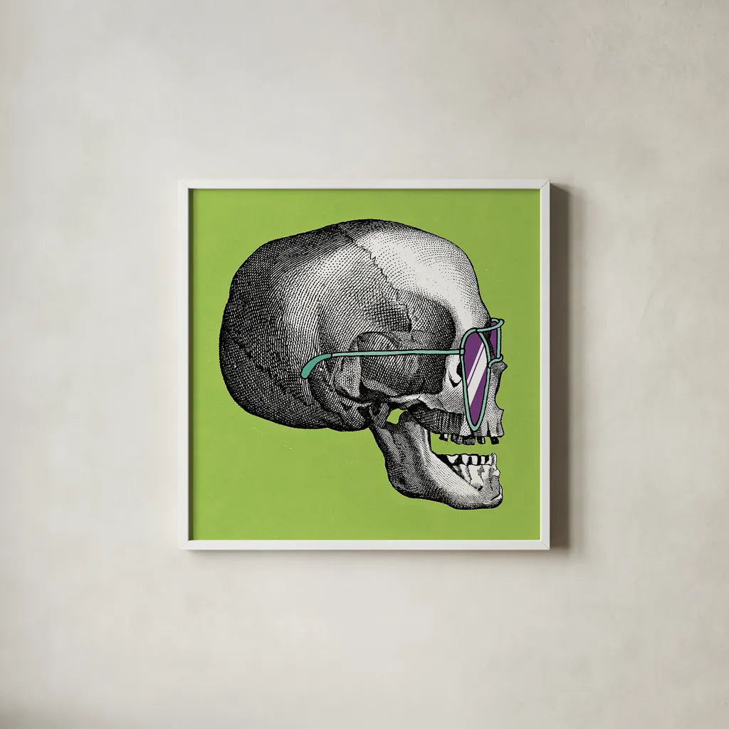 Sunny Skull III by Wild Apple Portfolio. Shown in a crisp white glass frame for a clean and minimalist style. Available as an archival giclee rolled canvas, fine art paper, or poster print. SKU 21661a.