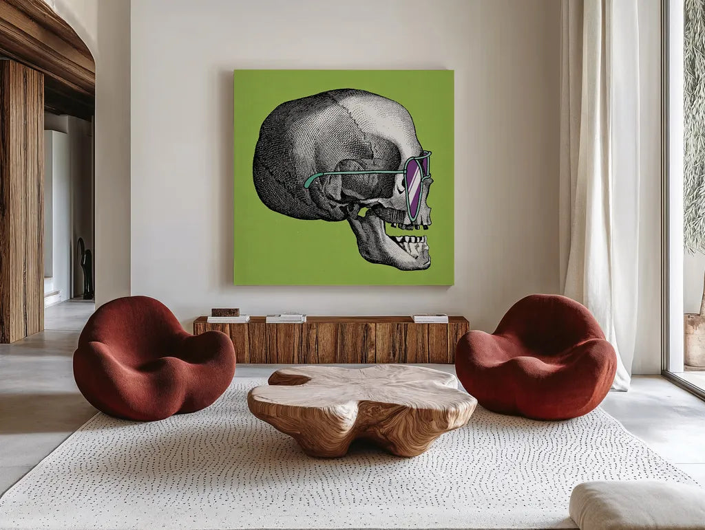 Sunny Skull III by Wild Apple Portfolio. Shown as extra-large giant wall art in a modern living room. Available as an archival giclee rolled canvas, fine art paper, or poster print. SKU 21661a.