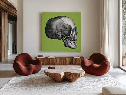 Sunny Skull III by Wild Apple Portfolio. Shown as extra-large giant wall art in a modern living room. Available as an archival giclee rolled canvas, fine art paper, or poster print. SKU 21661a.