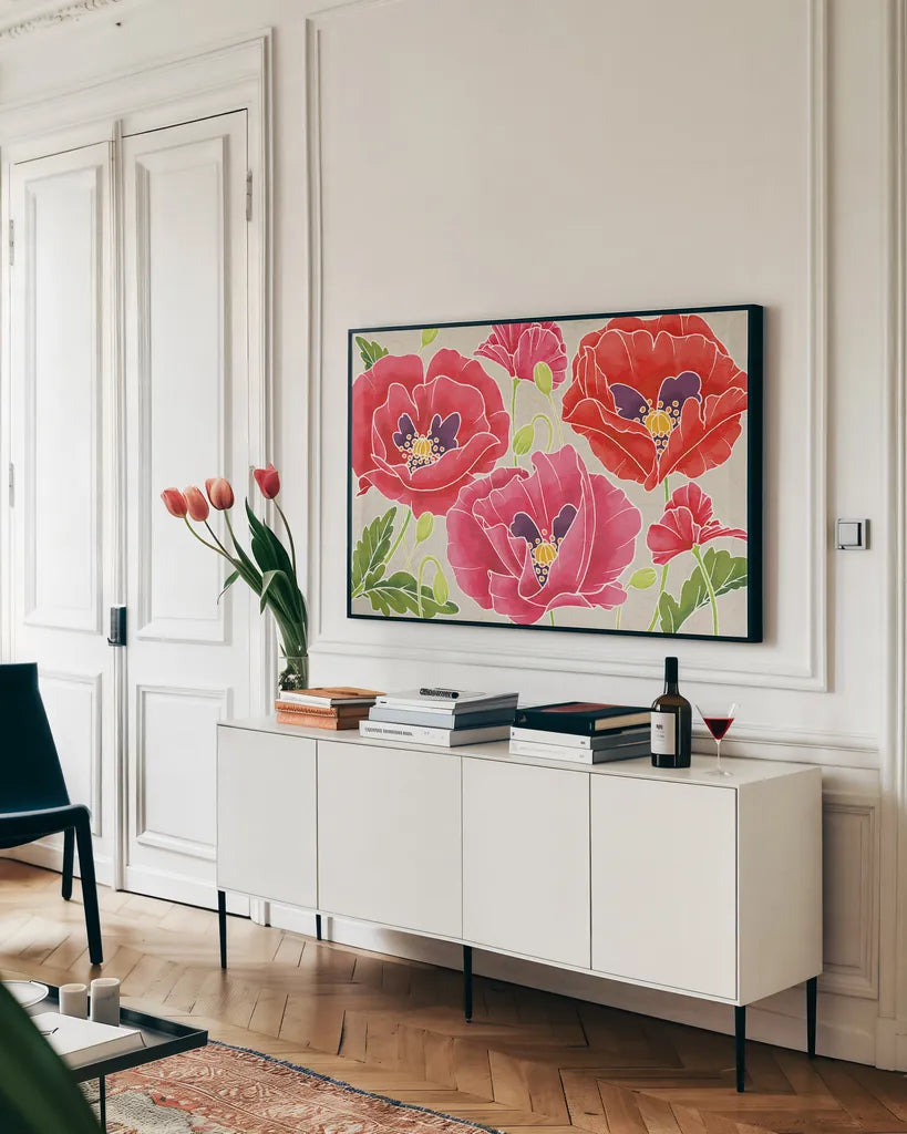 Sunshine Poppies by Wild Apple Portfolio. shown as a framed stretched canvas in a living room above a console. Available as a archival giclee rolled canvas, fine art paper, or poster print. SKU 19603i.