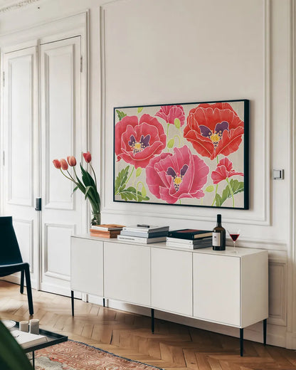 Sunshine Poppies by Wild Apple Portfolio. shown as a framed stretched canvas in a living room above a console. Available as a archival giclee rolled canvas, fine art paper, or poster print. SKU 19603i.