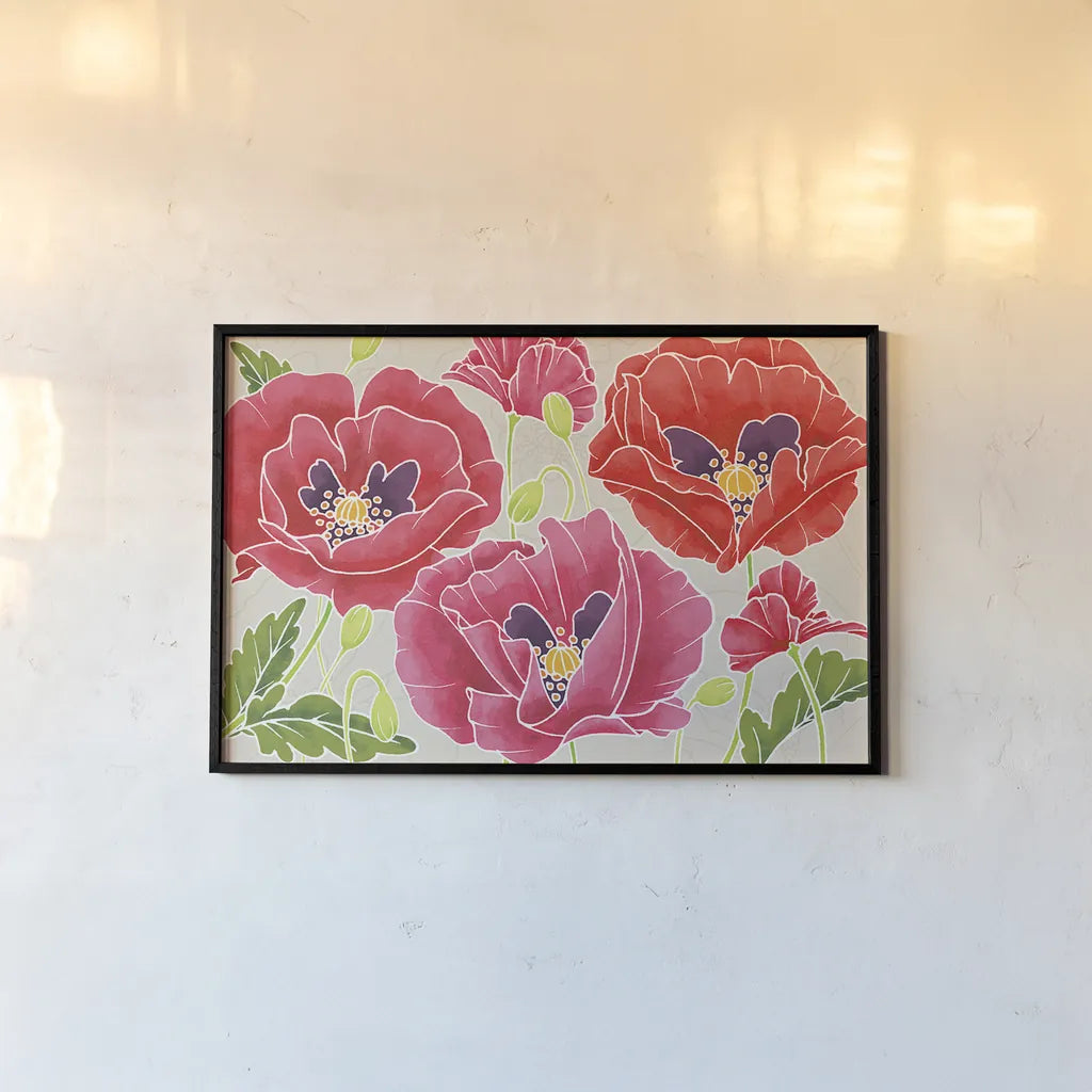 Sunshine Poppies by Wild Apple Portfolio. shown as a paper print in a black flame. Available as a archival giclee rolled canvas, fine art paper, or poster print. SKU 19603i.